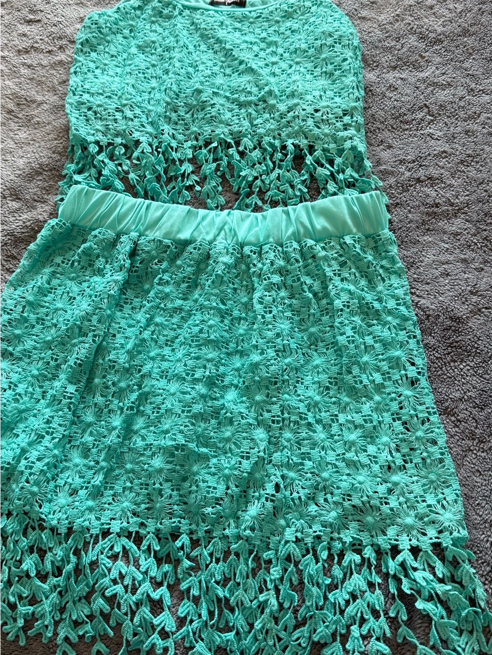 Crochet Fringe Two-Piece Skirt Set in Mint Green